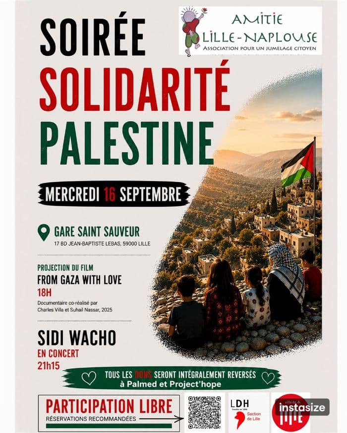 Affiche, SOIRÉE de SOLIDARITÉ avec la PALESTINE : cinéma, concert