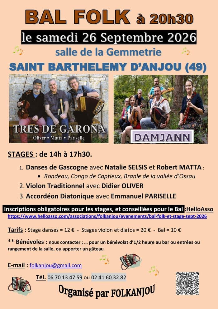 Affiche, Bal Folk, Stages Danses de Gascogne, Accordéons et Violons