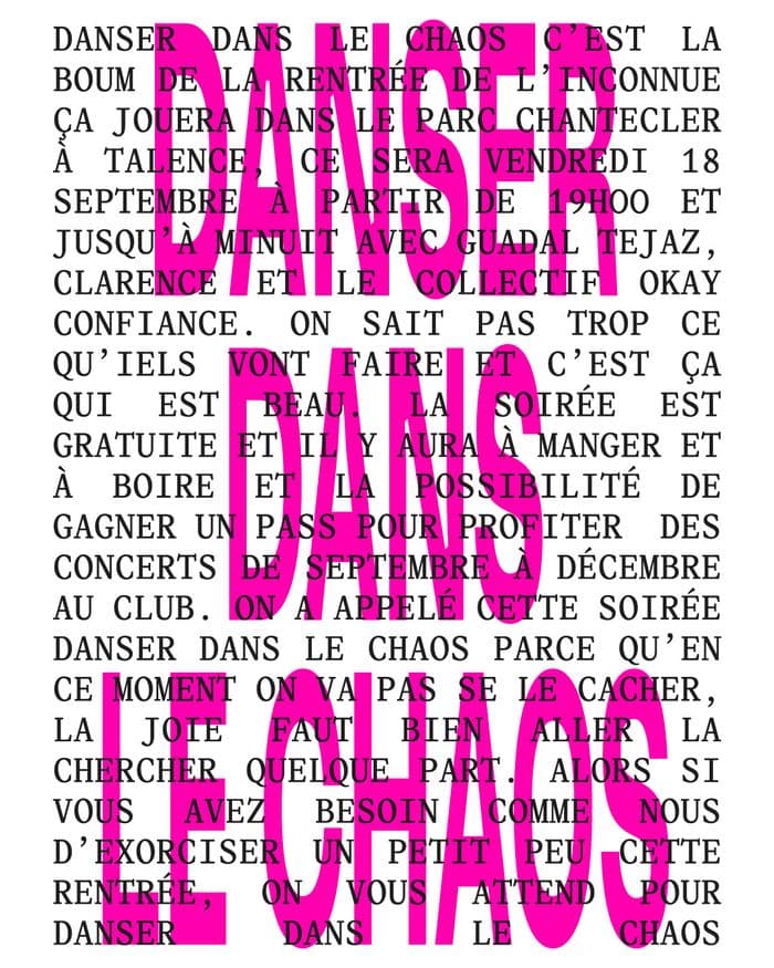 Affiche, Danser dans le chaos : GUADAL TEJAZ + CLARENCE + OKAY CONFIANCE