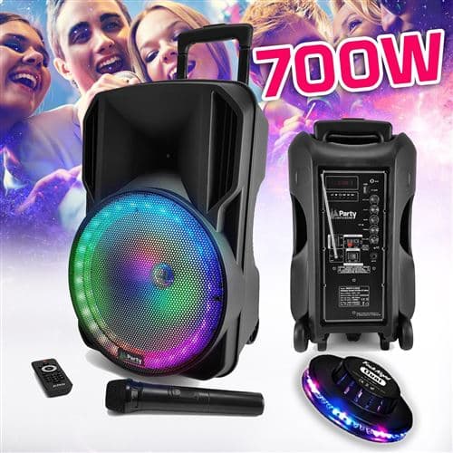 Party Light & Sound sono DJ Karaoke 700W Batterie Disco Mobile 12" à LED RGB USB/MICRO SD/Bluetooth / RADIO FM + Micro VHF + OVNI Ufo