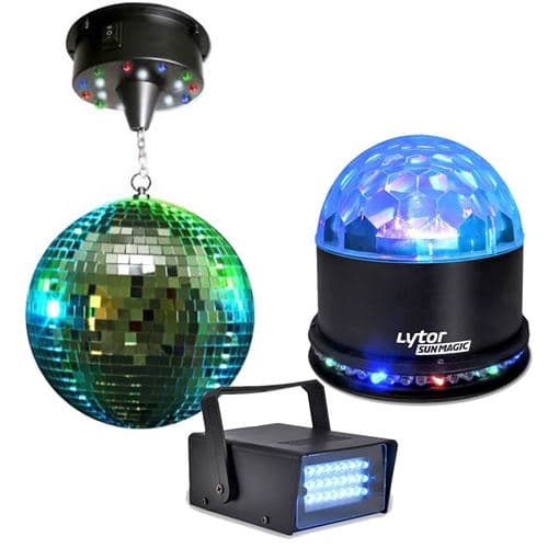 Lytor Boules à facettes 20cm + moteurs 18 LED + Mini strobe + SUNMAGIC
