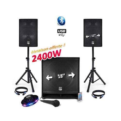 BM Sonic Sonorisation Complet 2400W USB/BT MKII Caisson SUB Actif 18" Animation Mobile Mariage