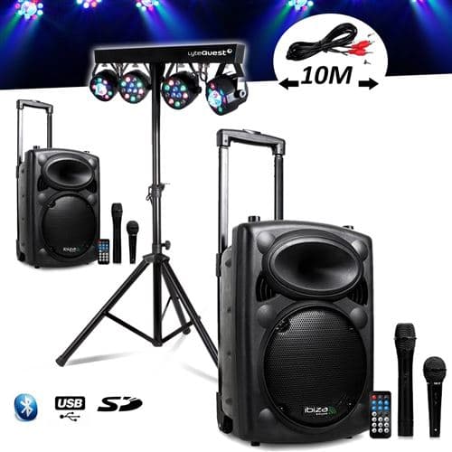 Ibiza Sound Système Amplifié sur Batterie 800W Port10 VHF Sono Musiciens DJ USB Bluetooth Mobile 4 Micros + Portique +4 PAR /UV/FRIZTAL DMX