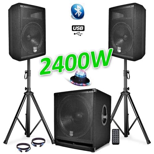 BM Sonic sono complet bms1812 usb/bluetooth 2400w sub 18" + 2 enceintes 12" + pieds + câbles + tél + roundiams