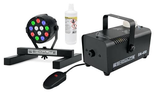 Showlite SN-400 Kit Machine à fumée avec lumiéres spot LED colorées RGBW Set L 1 L liquide