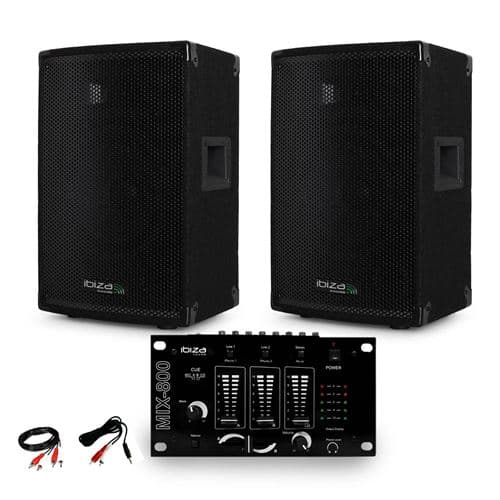Ibiza Sound Sono passive DISCO10B TRAPEZOIDALE 10" 800W BassReflex + Table de Mix + Câble PC