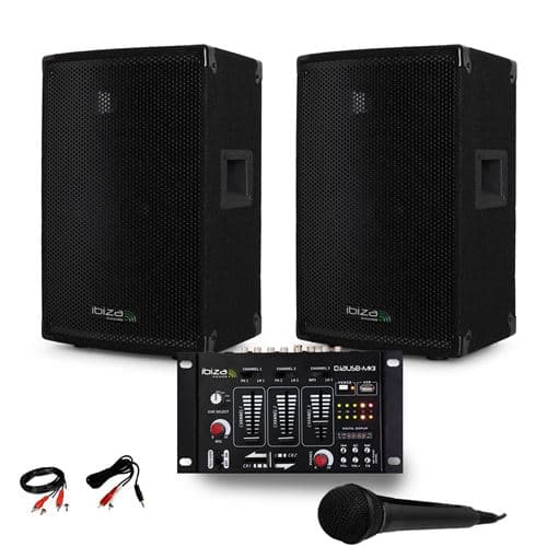 Ibiza Sound Sono passive DISCO10B TRAPEZOIDALE 10" 800W BassReflex + Table de Mix USB + MIC+ Câble PC