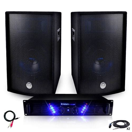 Ibiza Sound Sonorisation Ampli AMP-300 + Enceintes BMS-12 de 2x600W + Câblages
