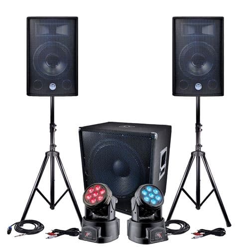 BM Sonic Pack sono 2400W Sub 46cm + Câbles + 2 Lyres à LEDs DMX RVB + BLANC