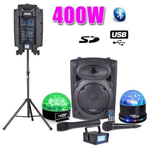 Ibiza Light Eneinte Active SOUND PORT8 Pack Karaoké Fiesta 400W + Pied + Sixmagic + Sunmagic + Ledstrobe