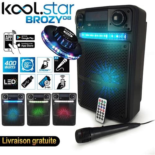 KOOL STAR Karaoké PARTY 400W Batterie Koolstar BROZY08 à LED + Application Smartphone USB/Bluetooth, Micro + Lumière