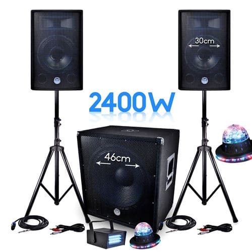 BM Sonic sono 2400w bms-1812 sub 46cm 2 enceintes 30cm + câbles + mini ledstrobe lytor + 2 effets roundiams ufo