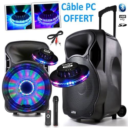 Party Light & Sound karaoké partysound sur batterie 800w party-15" à leds rvb usb/bt/sd/fm + 2 effets ovni + câble pc