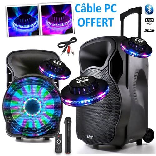 Party Light & Sound karaoké partysound sur batterie 800w party-15" à leds rvb usb/bt/sd/fm + 3 effets ovni + câble pc
