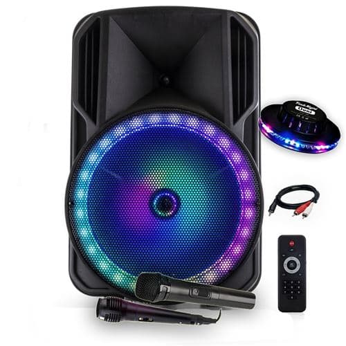 Party Light & Sound Haut-parleur sound sono DJ Karaoke 800W Batterie Disco Mobile 15" à LED RGB USB/MICRO SD/BT/FM + 2 micros + OVNI