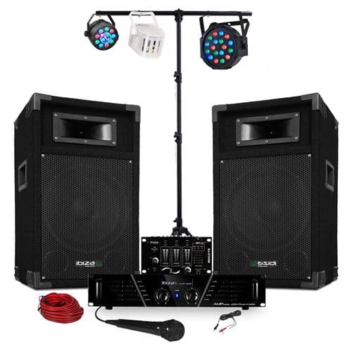 Ibiza Sound Sono ampli + enceintes 500W + Table de mixage + 3 jeux de lumières + Portique DJ300-N-MONTANA-DERBY-AYDEN-LS10