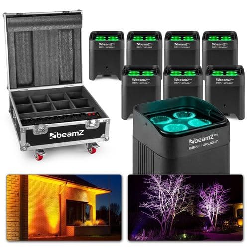 BEAMZ BBP54 Lot de 8 projecteurs Uplight batterie et Flight Case avec fonction charge W, IP65, mode DMX, télécommande