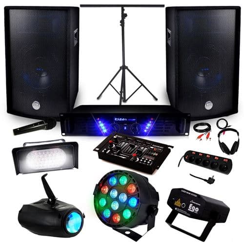 Ibiza Sound Sono Ampli AMP-300 + HP BMS-12 de 2x600W + Pack 4 lumières