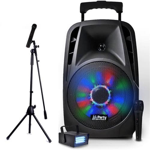 Party Light & Sound Karaoke PARTY-8LED sur batterie 8" à LEDs RVB USB/BT/FM + Micros CHANT + mini Strobe