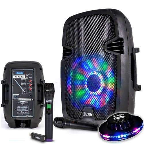 Party Light & Sound karaoké mobile batterie PARTY7 8"/20cm à LEDs 2 Micros 300W USB/BT/FM + Effet Ovni LED RVB