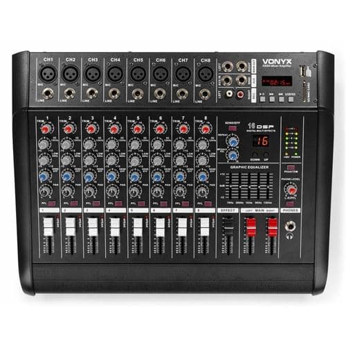 Vonyx AM8A Watts intégré, Bluetooth, MP3/USB/SD, 16 effets digitaux, Entrée RCA