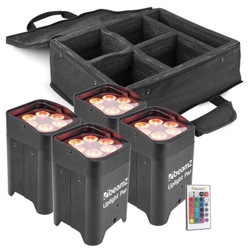BEAMZ BBP96 Lot de 4 projecteurs Uplight 6x LED 12 W RGBAW-UV avec valise modes DMX, environ 16 heures d autonomie