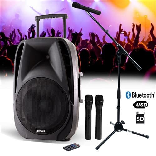 Gemini active autonome ES15-TOGO 15" Sono DJ PA USB/SD/BT + 2 micros sans fil + tel + PIED