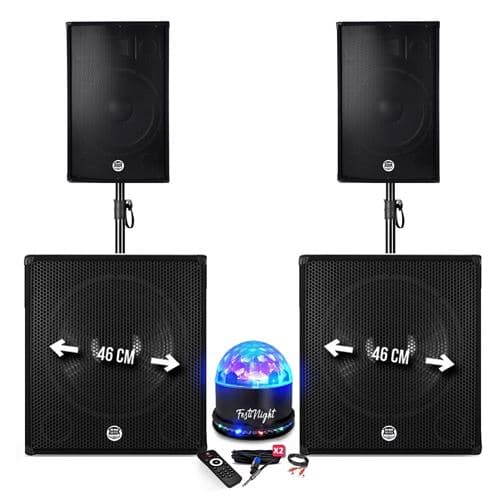 BM Sonic Pack sonorisation BMS-181815 Enceintes DJ 15" + 2 Caissons 18" + Pieds USB/BLUETOOTH, Jeu de lumière