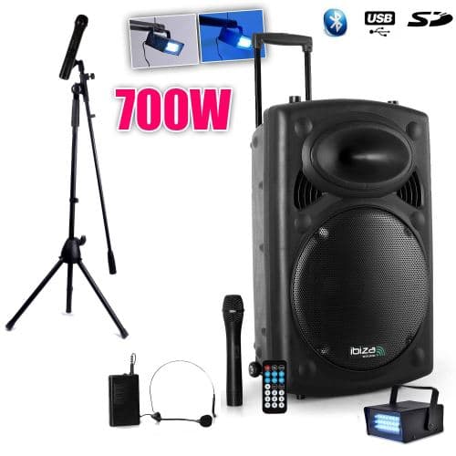 Ibiza Sound public adress mobile mp3 700w + 3 mic port12vhf-bt + pied pour chant + mini strobe lytor