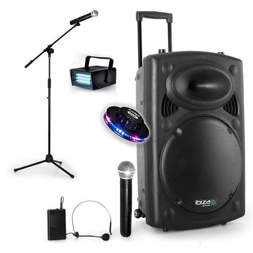 Ibiza Sound Public Adress mobile MP3 700W + 3 mic PORT12VHF-BT + Pied pour Chant + mini Strobe + Effet OVNI LytOr