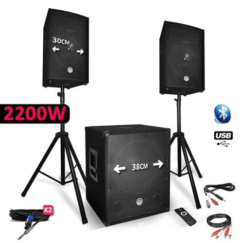BM Sonic Système Sonorisation Complet 2200W Enceintes + Subwoofer USB/BLUETOOTH + Pieds BMS1512
