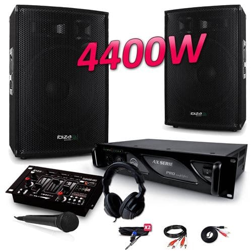 Ibiza Sound SONO 4400W DJ PA Set BAR CLUB BMS-15 + Ampli AXC3000 MyDj + Table de Mixage USB MP3 +