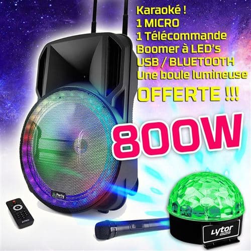 Party Light & Sound Karaoke 800W sono portable Batterie Disco Mobile 15" LED RGB USB /Bluetooth / RADIO FM + MICRO + Sixmagic Ufo