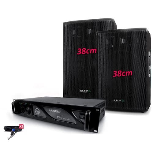 Ibiza Sound BM SONIC BMS-15 SONO DJ CLUB PA Bass reflex 2 boomers de 38cm CLUSTER 1400W + Ampli PRO MyDj AC