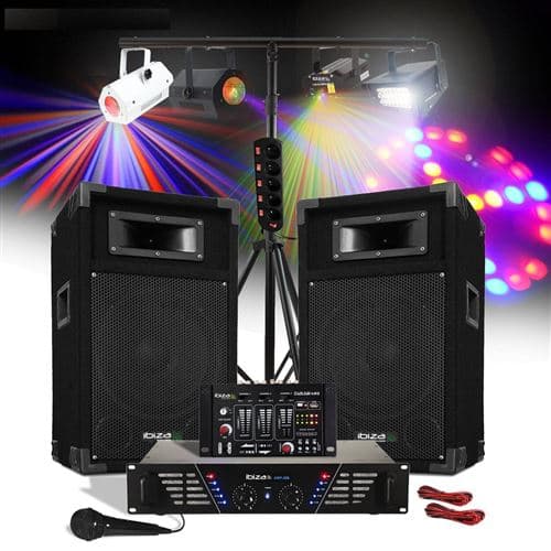 Ibiza Sound sono 480W Enceintes + Ampli + Table de mixage + Mic + Portiques + 4 jeux de lumière