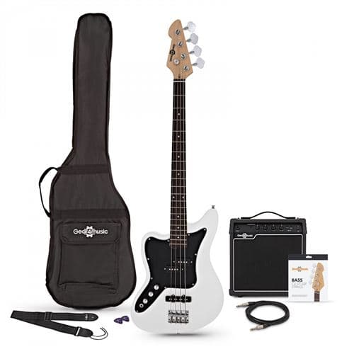 Gear4Music Kit de guitare basse électrique pour gaucher avec ampli blanc