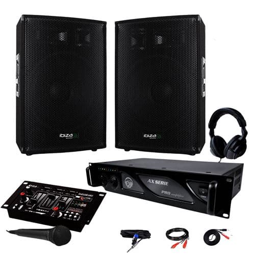 Ibiza Sound SONO 2400W DJ PA Set BAR CLUB BMS-15 + Ampli AC1000 MyDj + Table de Mixage USB MP3 +