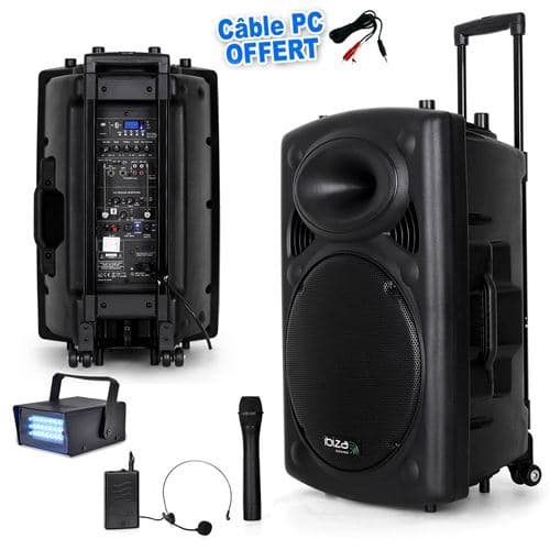 Ibiza Sound Public Adress mobile MP3 800W + 2 micros PORT15VHF-BT + Câble PC + Mini Strobe LytOr