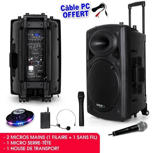 Ibiza Sound public adress mobile mp3 800w + 3 micros port15vhf-bt + câble pc + effet ovni roundmagic lytor