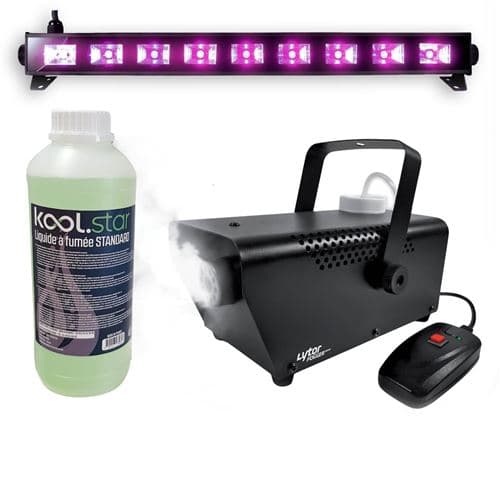Ibiza Light Décoration Halloween Réglette Barre Néon Lumière noire 9x3W Fluo Black Light + Mini Machine à fumée et Liquide