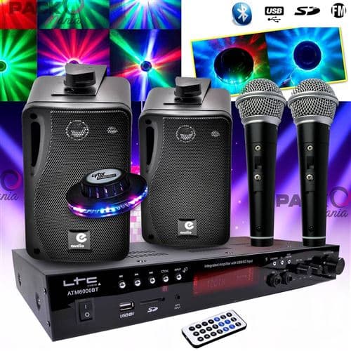 LTC Audio Karaoké enfant Hi-Fi 100W + 2 micros USB SD Bluetooth + Radio FM + Câbles + Effet Ovni LED RVB
