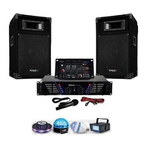 Ibiza Light sonorisation DJ-300 Complet avec Enceintes Table de mixage Amplificateur 480W + Pack 4 Jeux de lumière DIAMS LytOr