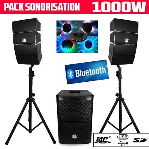 BM Sonic sonorisation 2.1 de 1000w dj bms12 array enceintes satellites + caisson + usb/sd/bluetooth + lumière ovni
