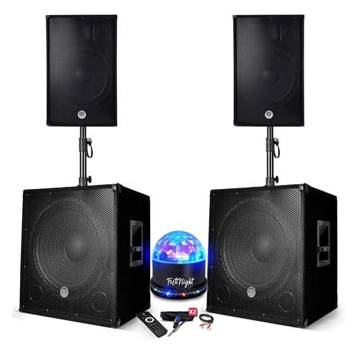 BM Sonic Pack sonorisation BMS-151515 Enceintes DJ 15" + 2 Caissons 15" + Pieds USB/BLUETOOTH, Jeu de lumière LED