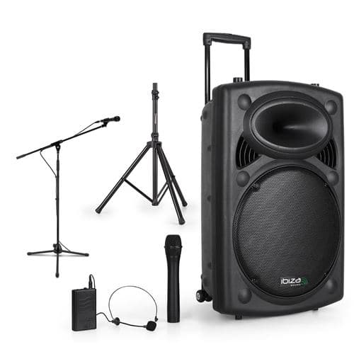 Ibiza Sound Enceinte sono portable 15" 800W USB/BT/REC + 2 Micros VHF + Pied + Pied Micro + Câble PC