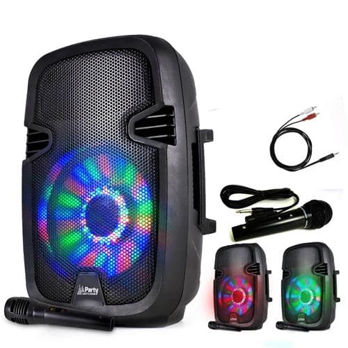 Party Light & Sound mobile batterie 8"/20cm à LEDs RVB USB/BT/FM + 2 Micros + Câble PC