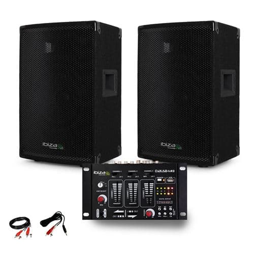 Ibiza Sound Sono passive DISCO10B TRAPEZOIDALE 10" 800W BassReflex + Table de Mix USB + Câble PC