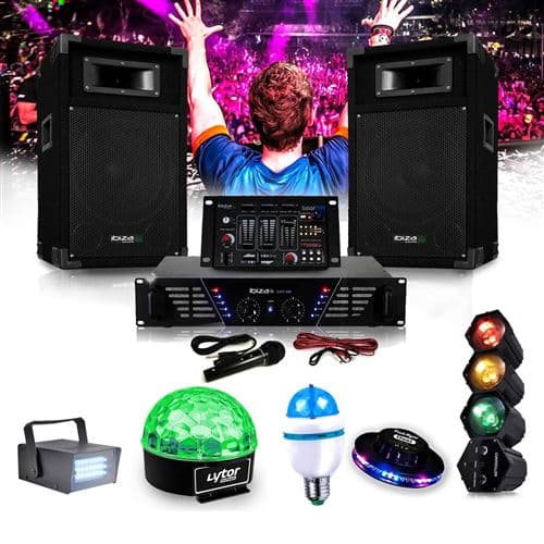 Ibiza Sound DJ-300 Kit de sonorisation DISCO 480W + Pack 5 jeux de lumières à