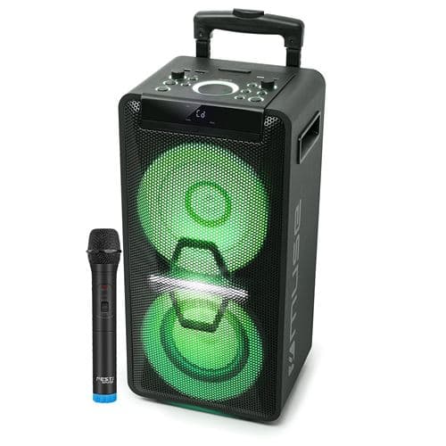 Muse M-1920DJ sur Batterie, 300W, CD, Bluetooth et Effets LED (USB, AUX, Télécommande), 1 microphone VHF sans