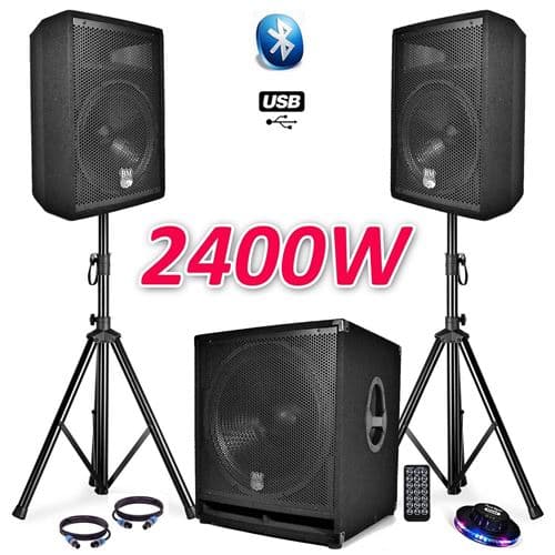 BM Sonic Sono Complet BMS1812 USB/Bluetooth 2400W Sub 18" + 2 Enceintes 12" + Pieds + Câbles + Tél + Ovni